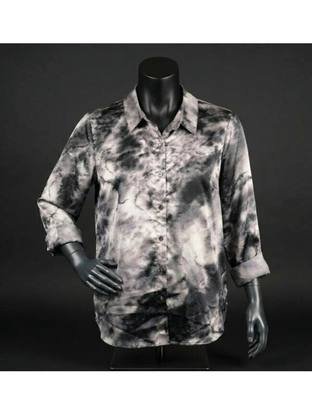 Cato Est 1946 Satin Shirt Blouse Womens Small Gray White Tie Dye Long Sleeve